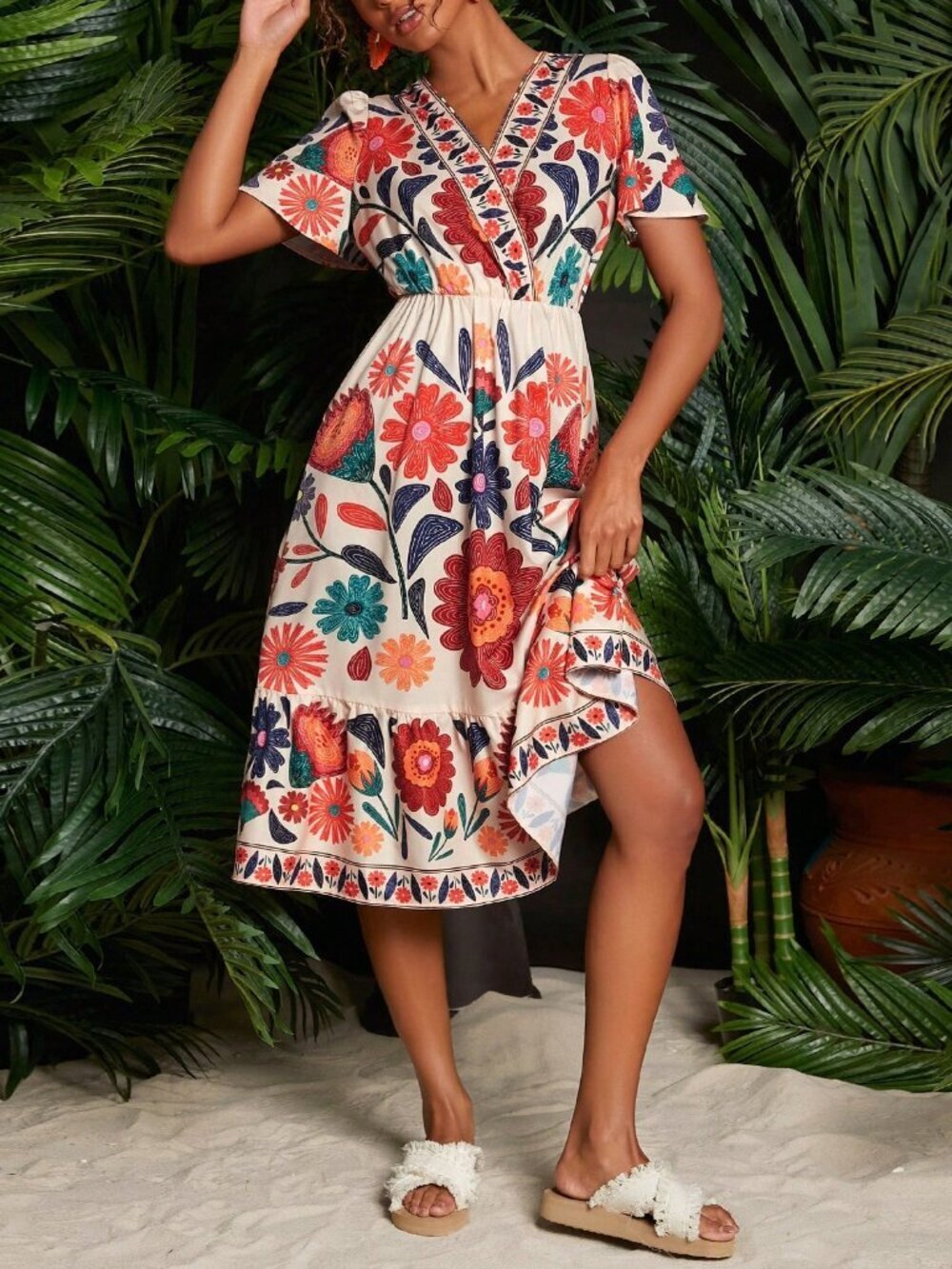 Multicolor Boho Women's Floral Print Butterfly Sleeve midi Dress - Picture 3 of 6